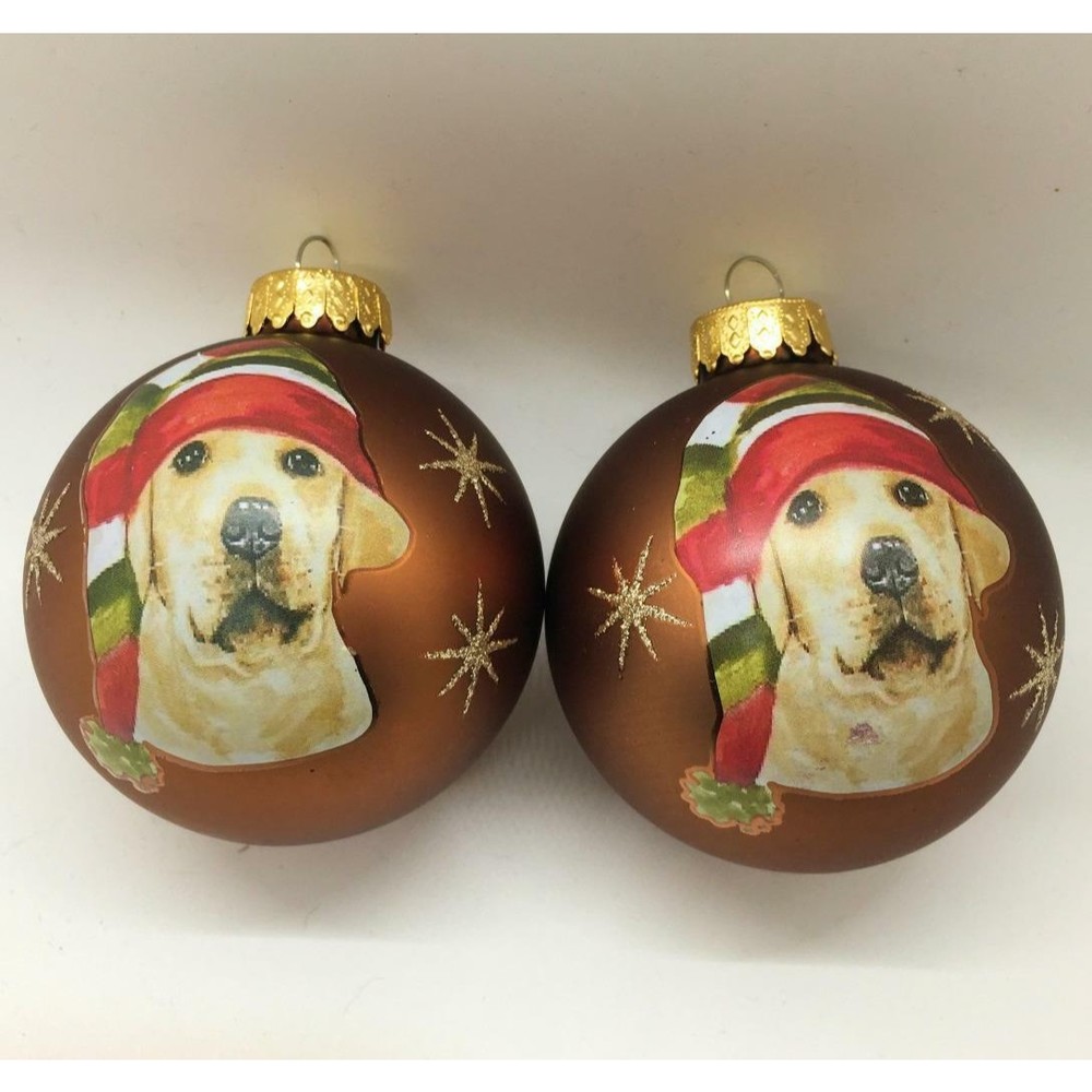 2 Yellow Lab Labrador Retriever Stocking Cap Glass Ball Ornament Pet Lover 3"